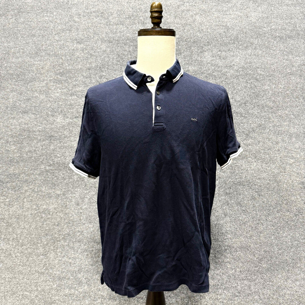Michael Kors Mens Navy Blue Polo Shirt Size L White Trim MK Logo Short Sleeve
